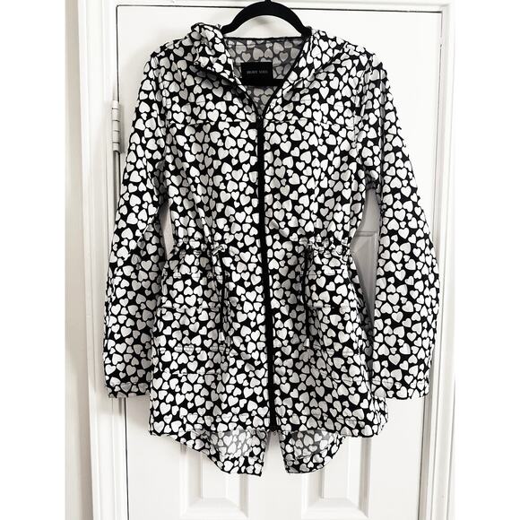 BRAVE SOUL Hearts Heart Rayheart Black White Raincoat Rain Jacket Hooded - Sz XS - Picture 4 of 9